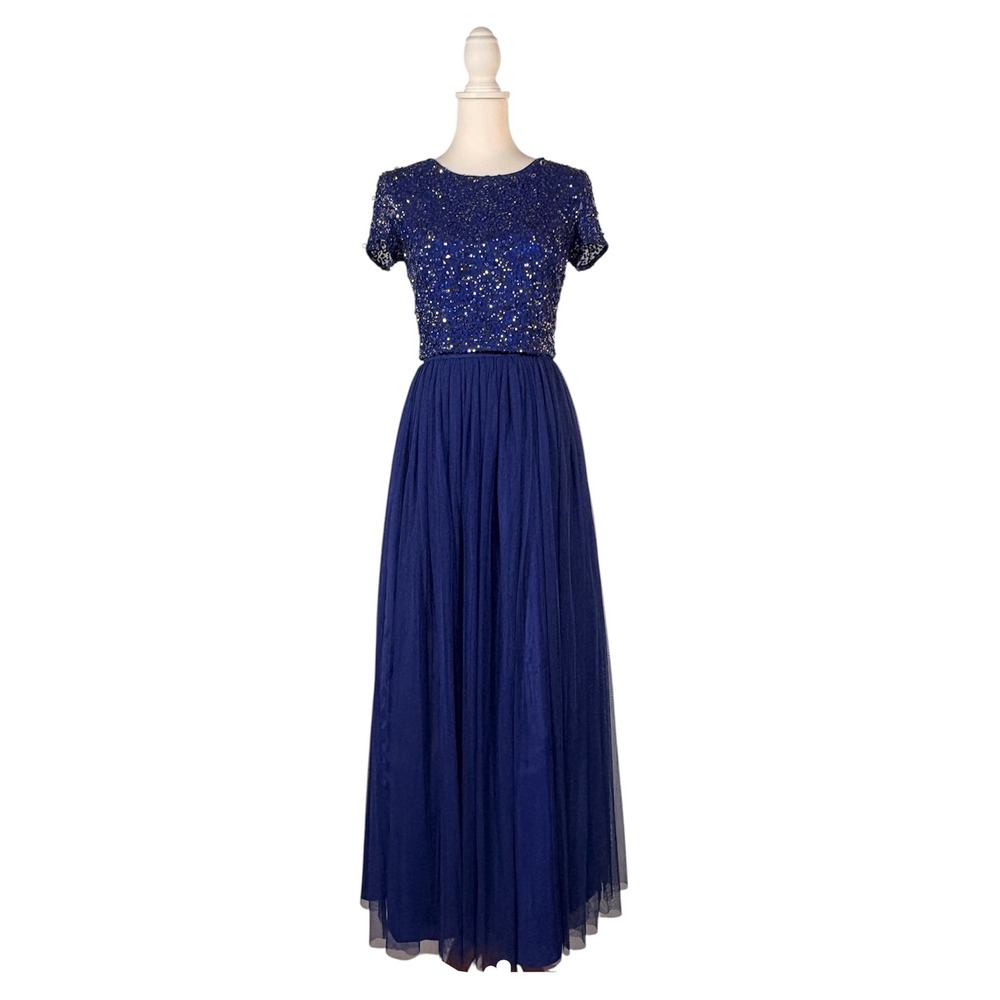 Adrianna Papell Blue Sequin 2 Piece Skirt Set‎ Women's 6 Short Sleeve Maxi Glam